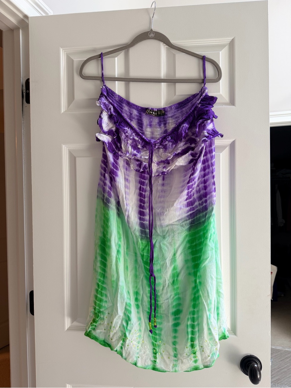raya sun Purple Tie-Dye Ruffle Strapless Dress